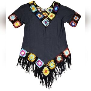 Granny Square Knit Gauze Black Swim Coverup OS
